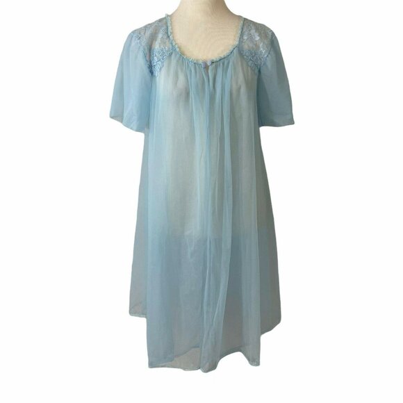 Vanity Fair Sheer Blue Robe Small Vintage 1950s Short Sleeves Lace Trim Small - Picture 1 of 9